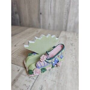 Green & Pink High Heel Shoe Card Holder • Hand Fan Floral Design • Desk / Office